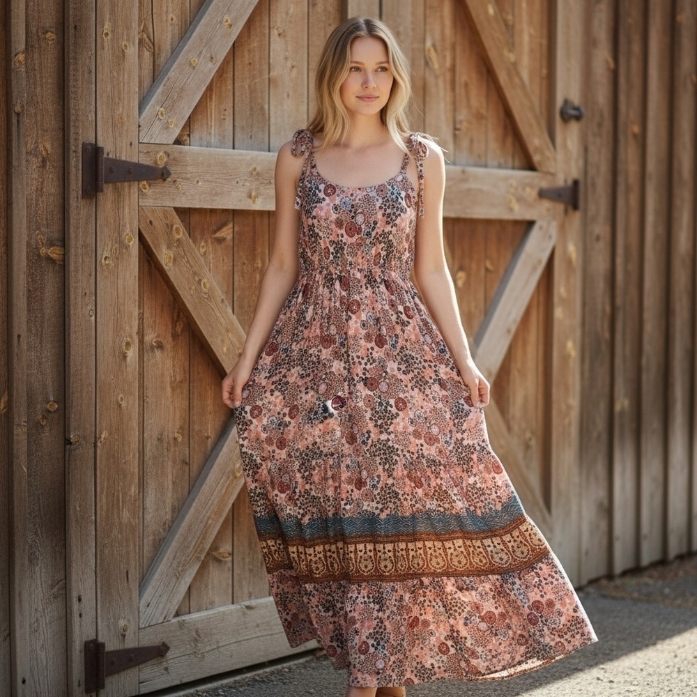 Pink Floral Maxi Dress with Smocked Waist